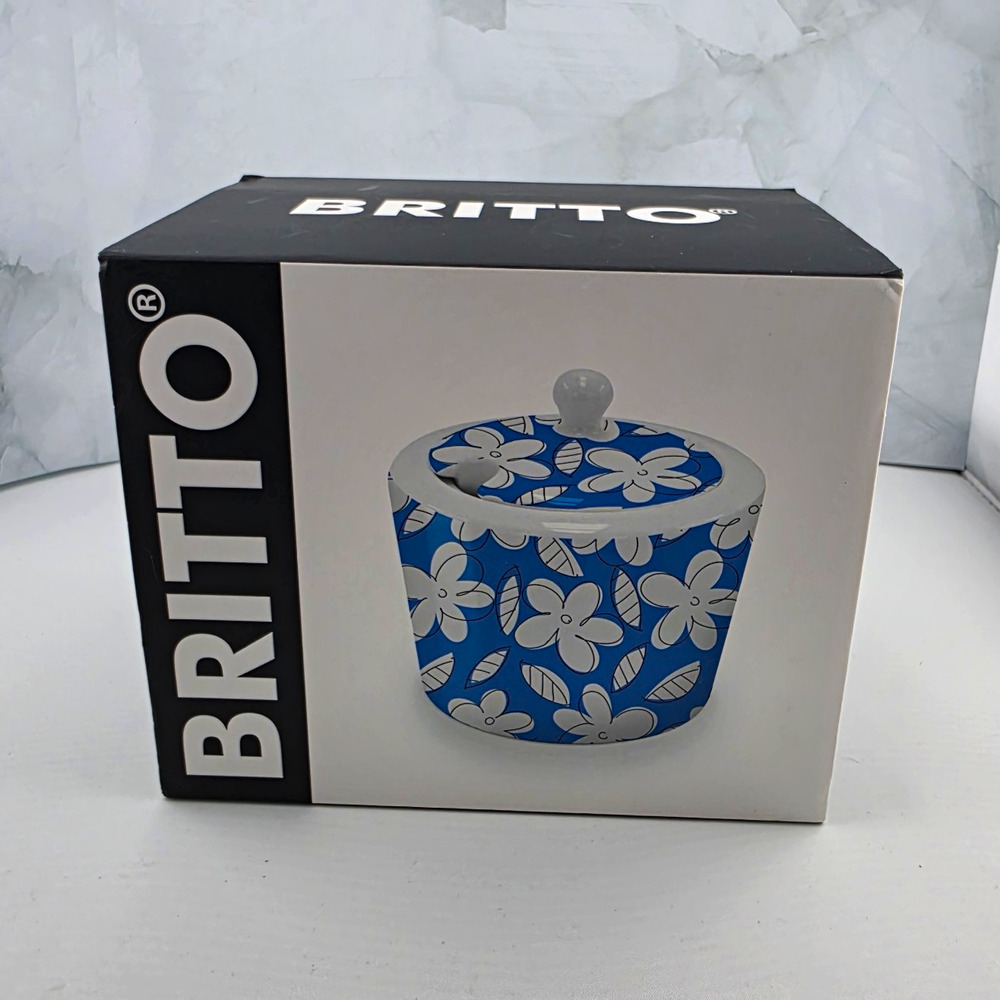 Britto Fine Bone China Candy Jar Lid Blue White Floral Cylinder 7 oz